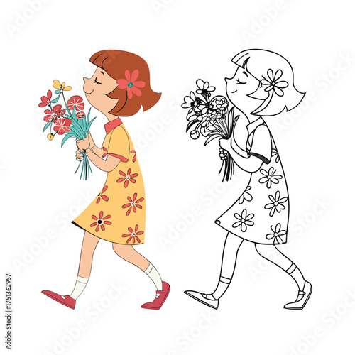 Happy girl smelling bouquet of flowers walking joyfully outdoors isolated on transparent background