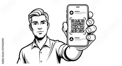 Man shows smartphone with QR code for digital access and connection