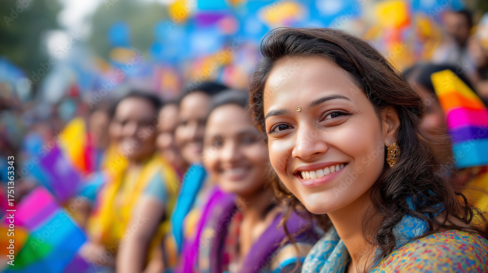 Fototapeta premium Crowd enjoying colorful cultural festival parade, traditional costumes and flags, diversity and unity, happiness and pride, global culture, street celebration, travel photography, 