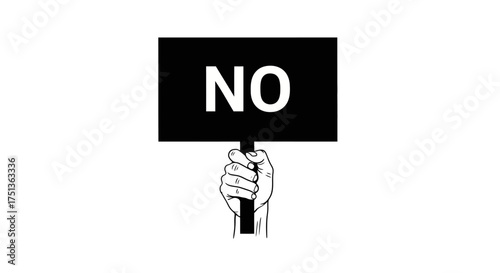 Hand holding a black sign with the word NO in white letters
