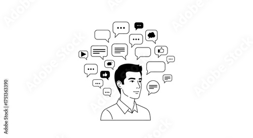 Man surrounded by many thought bubbles representing communication and ideas