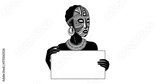 Person in traditional mask holding blank sign with cultural adornments