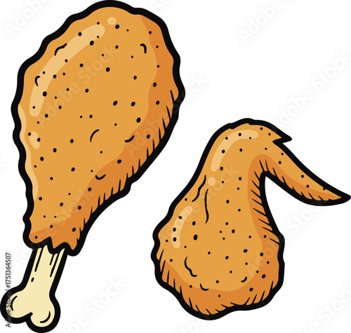 Fried chicken drumstick and wing, appetizing cartoon vector illustration

