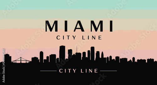 Miami City Line Skyline Silhouette - Modern Cityscape Illustration