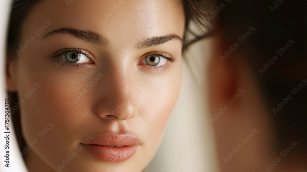 Fototapeta premium Young woman looking into mirror with natural makeup and soft light 