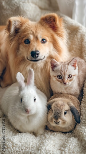 Dog, cat, and rabbits sitting together on soft blanket indoors  