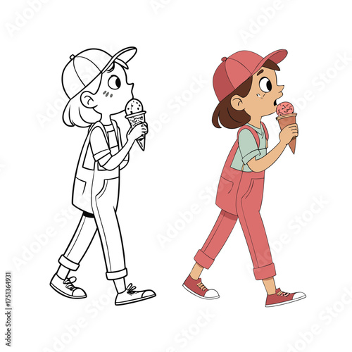 Happy young girl wearing baseball cap eating ice cream cone walking happily outdoors isolated on transparent background