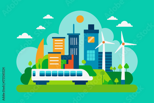 Illustration of a city with a train and windmills