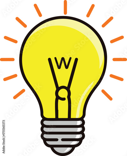 Brightly glowing incandescent light bulb with radiating energy, illuminated cartoon vector illustration

