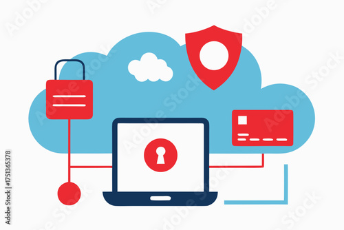 Cloud security with laptop and security elements icon