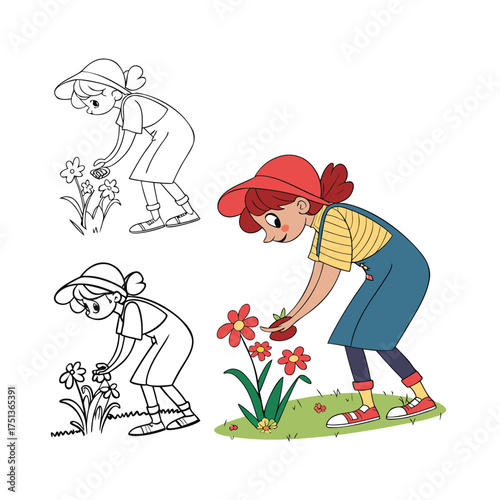 Whimsical cartoon girl tend gardening flowers in a vibrant field isolated on transparent background