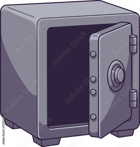 Small steel security safe with the door open, secure strong box cartoon vector illustration

