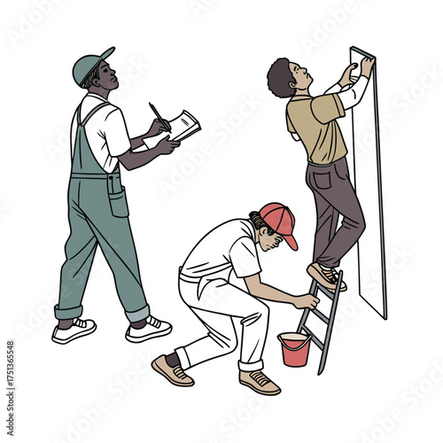 Diverse construction workers painting interior walls and inspecting progress with clipboard isolated on transparent background