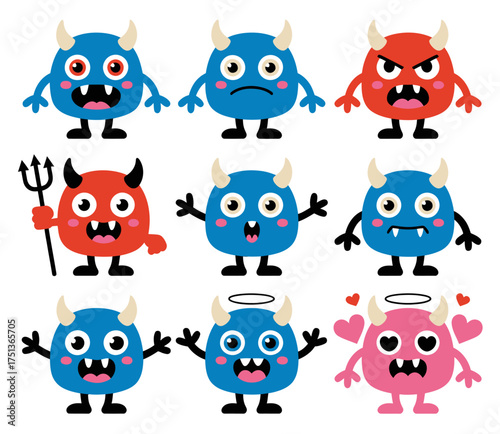 Collection of cartoon monsters with horns, various expressions, and different colors, perfect for design.