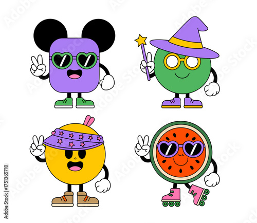 Four cartoon characters with unique shapes and accessories, each striking a peace sign.
