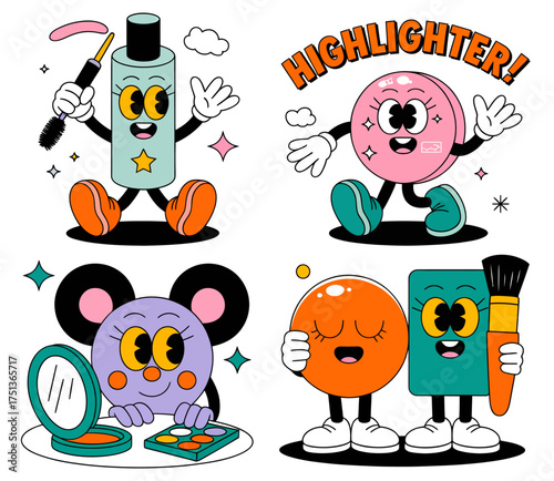 Cartoon makeup characters: mascara, highlighter, compact, and brush.