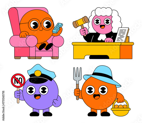Cartoon characters in various professions: judge, farmer, policeman, and person relaxing in a chair.