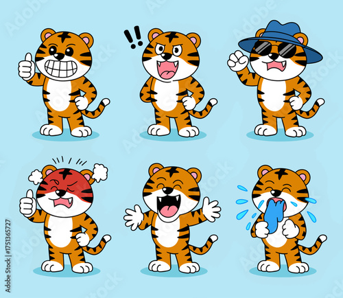Six cute cartoon tigers displaying various emotions and actions like happiness, surprise, anger, and sadness on a light blue background.