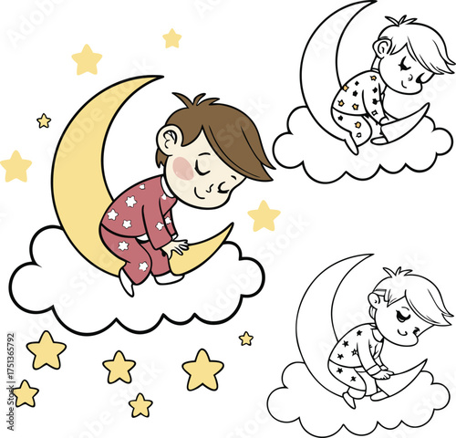 Dreamy child sleeps peacefully on crescent moon surrounded by twinkling stars isolated on transparent background