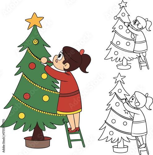 Young girl decorates festive christmas tree with ornaments and star topper isolated on transparent background