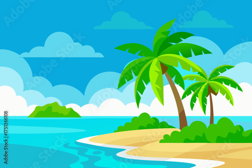 Tropical beach with palm trees and island landscape