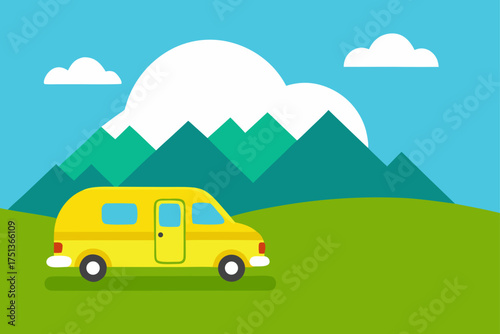 Yellow campervan parked in front of green mountains