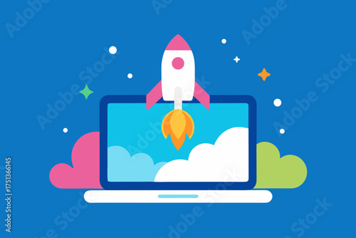 Rocket launching from laptop screen with clouds view
