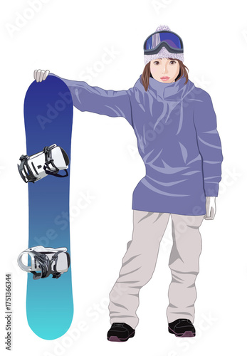 スノーボードを持って立つ若い女性イラスト