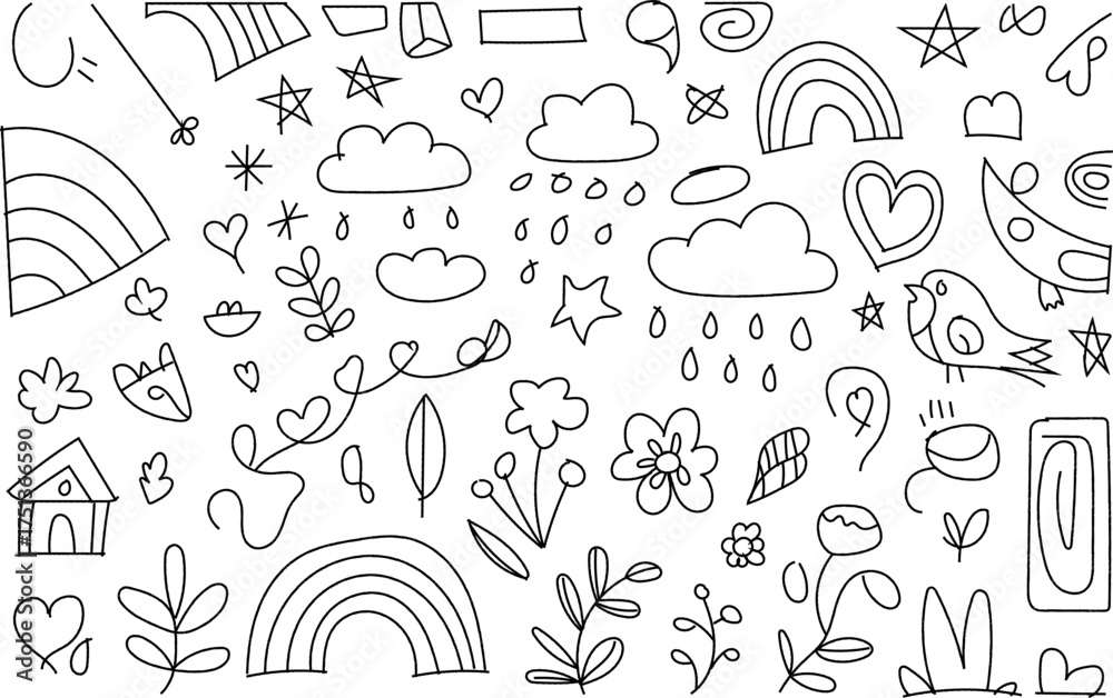 Fototapeta premium Doodle sketch pattern with nature elements and fun shapes in black