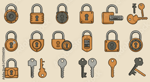 Comprehensive vector illustration set featuring vintage-style padlocks and keys, symbolizing security, access, and protection, ideal for graphic design concepts