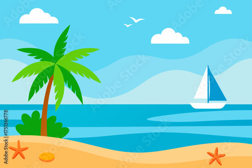 A cartoon beach scene with palm tree and sailboat