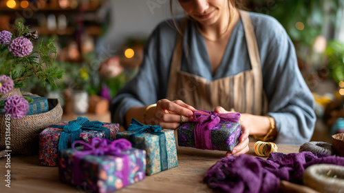Woman crafting handmade gifts in cozy studio, colorful ribbons and details, focus and creativity, love and care, holiday preparation, handmade art, joy of creation, warm atmosphere