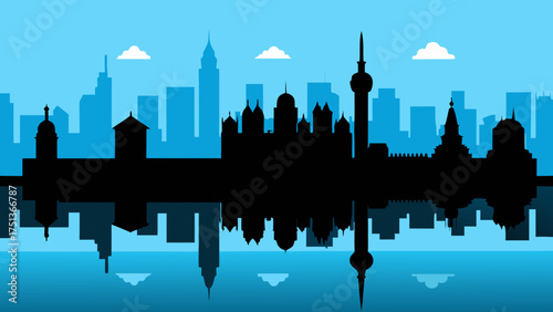 Silhouette of a city skyline reflected on the water