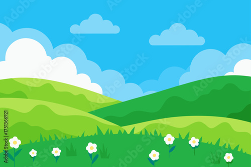 Illustration of green hills with flowers and clouds