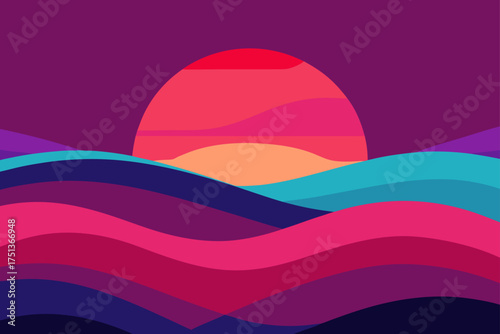 Stylized sunset over wavy colorful abstract landscape