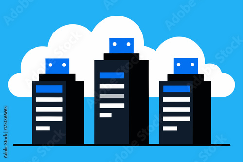 Three servers with clouds against a blue background