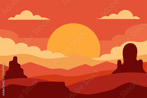 Desert landscape with sun and rock formations view