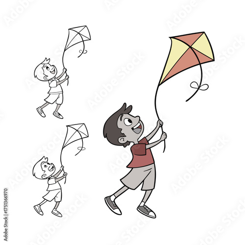 Joyful young boy flying a colorful kite up in the sky on a sunny day isolated on transparent background