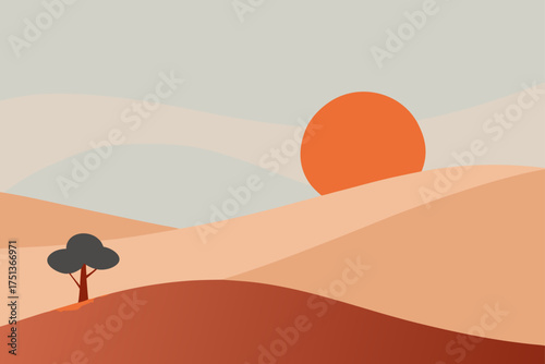 Minimalist desert landscape with sun and single tree