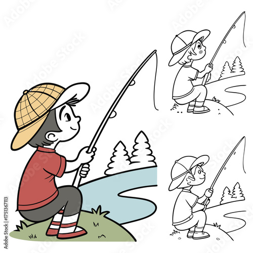 Young boy angler enjoying fishing on a sunny day by the river with two sketch variants isolated on transparent background
