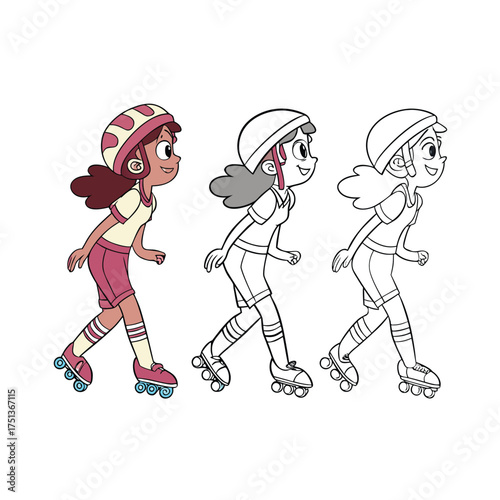 Young girl character design progression roller skating sport and lifestyle development isolated on transparent background