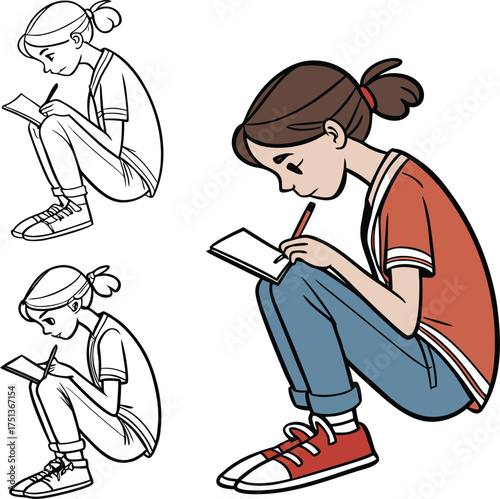 Sad young girl sitting down looking gloomy reflecting inner sadness and loneliness artistic drawing isolated on transparent background