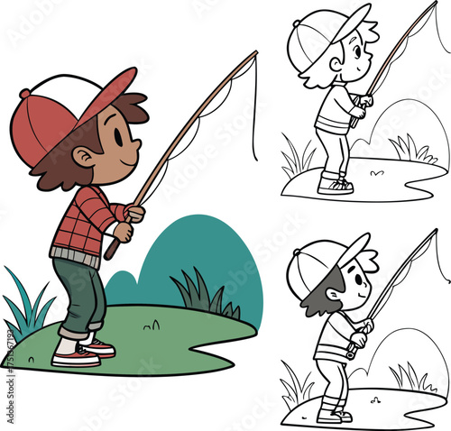 Young boy fishing joyfully beside lake catching fish with rod and reel isolated on transparent background