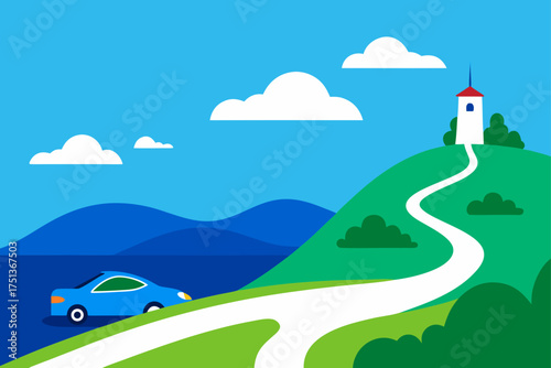 Scenic drive to a hilltop church by the blue sea side