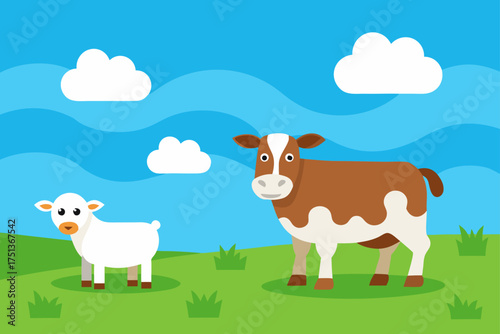 Cartoon cow and sheep in a field under blue sky day