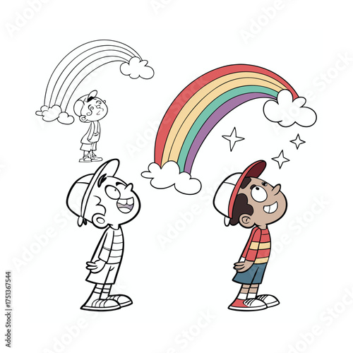 Two cartoon children observe a vibrant rainbow and stars in a colorful sky isolated on transparent background