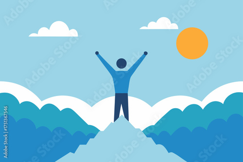 Person reaching top of mountain with sun and clouds