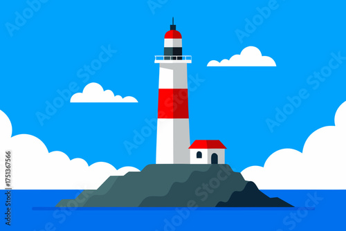 Lighthouse on island with clouds and blue background
