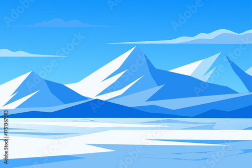 Illustration of mountains and ice under a blue sky