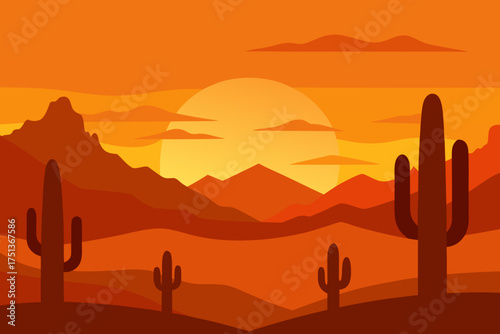 Illustration of desert landscape with cactus and sun
